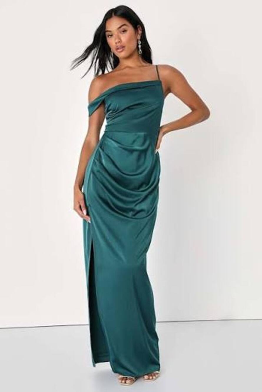 LULU'S Lush Love Dress Emerald Green Satin Asymmetrical Off-the-Shoulder XL NWT